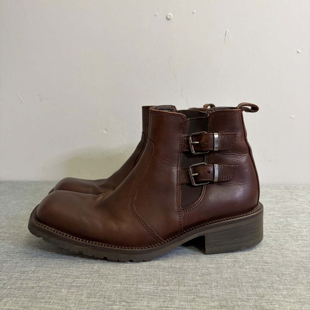 Kenneth Cole Reaction Boots Mens 7.5 Brown Leather Square Toe Buckle Y2K Chelsea